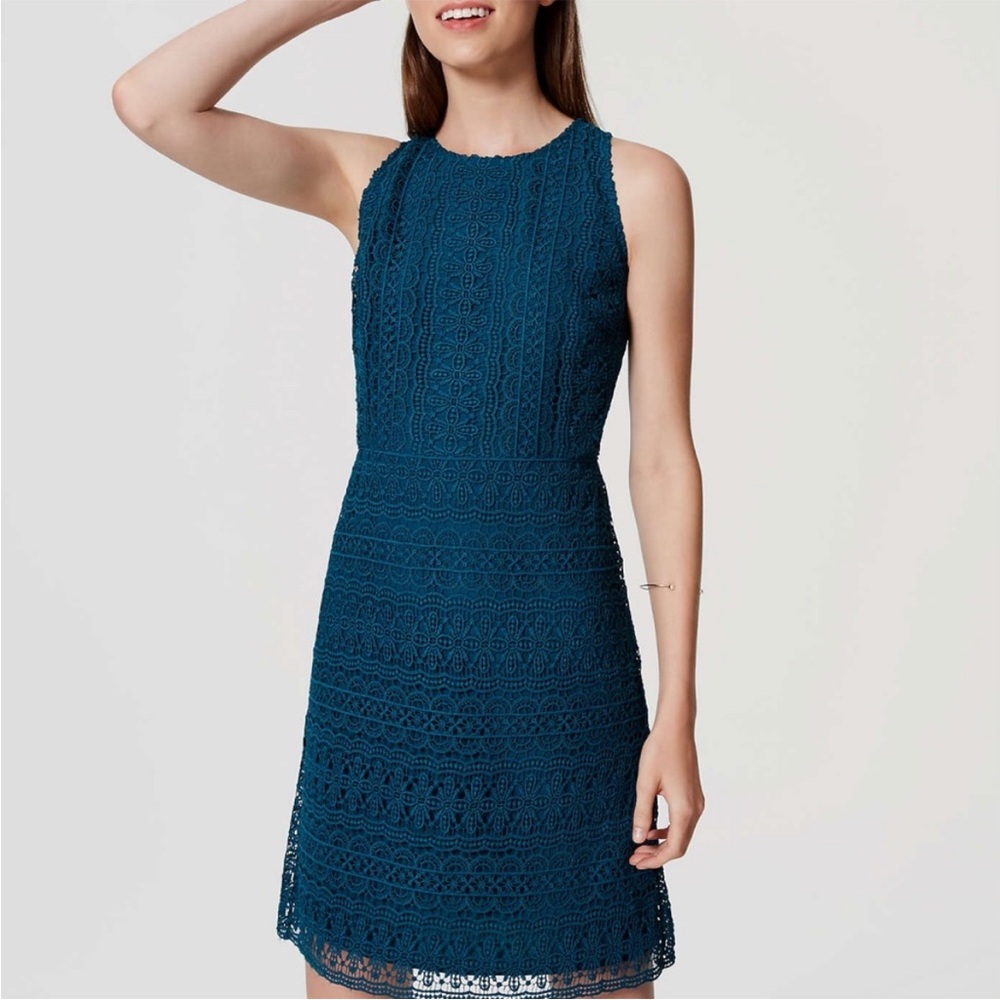 •LOFT• Jade Green Lace Crochet Overlay Dress - Size 8 - Picture 3 of 9